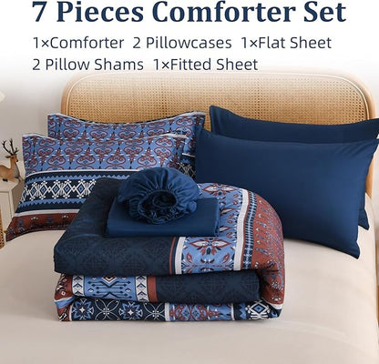 Comforter Set King Size Boho,7 Pieces Bohemian Bedding Comforter Set Striped Bed in a Bag,Navy Blue Paisley Floral Comfortet and Sheet Set,Soft Microfiber Bedding Sets for All Season