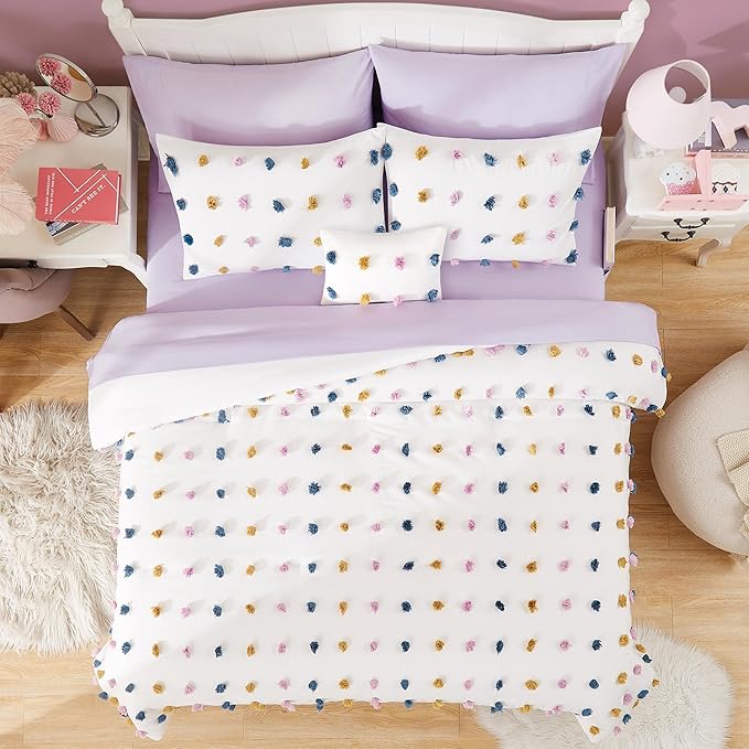 Geniospin Colored Pom Queen Comforter Set, 8 Pieces Ball Pom Comforter Sets, Bed in a Bag Queen, All Season Down Alternative Bedding Set, Lightweight, Warm and Breathable