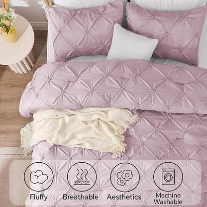 BEDELITE Light Purple Comforter Set Full - 3 Peices Boho Pintuck Bedding Comforter Sets, Lightweight Soft & Warm Twin Bedding Sets with 2 Pillowcase for All Season
