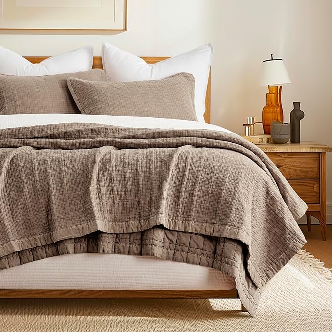 EVERGRACEHOME Stonewashed Cotton Quilt Set Full Queen Size, Ultra Soft Oversized Bedspread Coverlet Set, Lightweight Crinkle Box Stitch Bedding Sets for All Season, with 2 Shams, Mocha Brown