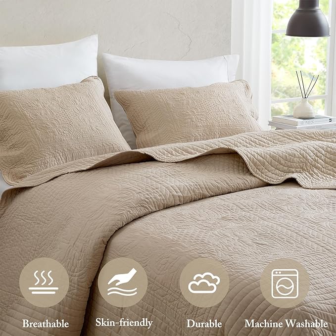 Madison Park Queen Quilt Set Damask Coverlet Set for Queen Size Bed, Cottage Oversized Quilt Set, Scallop Edge, All Season, Pre-washed Cotton-Filled Queen Size Quilt, Tuscany, Full/Queen Khaki 3 Piece