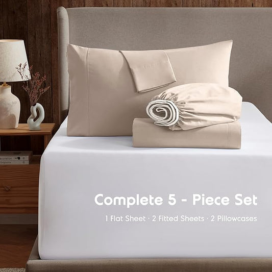 Nestl Split King Sheet Set - 1800 Ultra-Soft Microfiber Bed Sheets - Double Brushed - Deep Pockets - Easy Fit - 5 Piece Set - Bed Sheets & Pillowcases (Split King Size, Beige Cream)