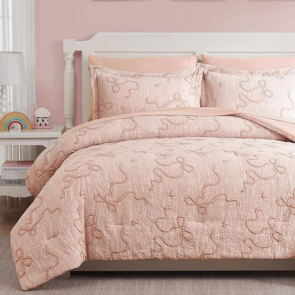 Geniospin Orange Pink Full Comforter Set for Girls- 7 Pieces Bowknot Jacquard Bed in A Bag Full Bedding Sets with Sheets, Pillowcases & Shams, All Season Kids Comforter Set
