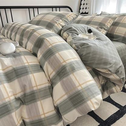 VM VOUGEMARKET Plaid Bedding Set King 100% Cotton Green Grid Duvet Cover Set,Modern Men Boy's Comforter Cover with Zipper Closure-King