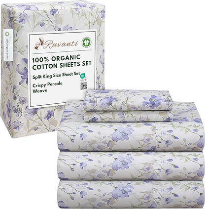 RUVANTI 100% Organic Cotton Sheets Split King, Percale Weave, GOTS Certified, 5-Piece Set, Deep Pocket 15", Crisp & Breathable, Soft Durable Bedding, Sábanas Algodón Orgánico – Heather