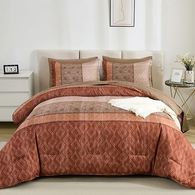 Dinjoy Boho Queen Comforter Set Red Brown,7 Piece Bed in a Bag Queen Size Warm Striped Bedding Sets with Plaid Fall Comforters Bed Set with Sheets for Family All Season