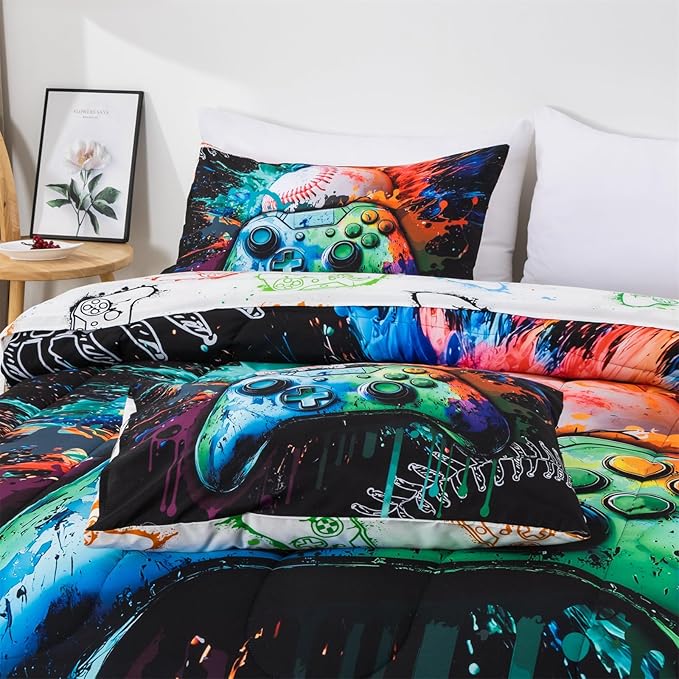 Aimuan Gamer Gaming Bedding Sets 3D Gamepad Comforter Sets for Boys Games Console Action Buttons Novelty Colorful Game Controller Modern Room Decor Home Quilt Set (Green, Twin)