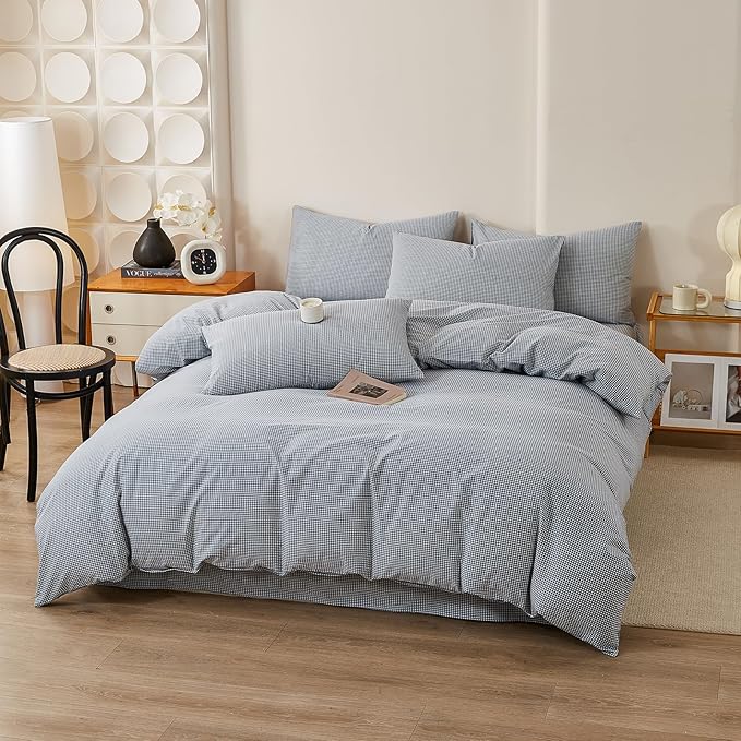 EAVD Modern Style Gingham Duvet Cover King Soft 100% Washed Cotton Blue and White Plaid Duvet Cover Set with 2 Pillowcases Reversible Farmhouse Geometric Checkered Bedding Set with Zipper