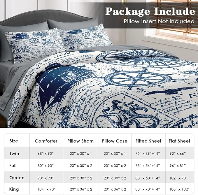 Comforter Set Queen Size, Nautical Anchor Sailor Grey 7 Pcs Bedding for Kids and Adults, Ocean Vintage Sea Bed Sheet Sets with Fitted Sheet 2 Pillowcases & 2 Shams for Bedroom Bed Decor