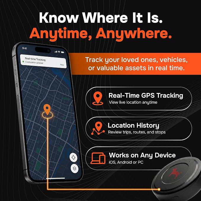 GPS Tracker for Vehicles, No Monthly Fee, No Subscription | Up to 1-Month Battery, Real-Time Location, Speeding Monitoring, Route History, Geofence