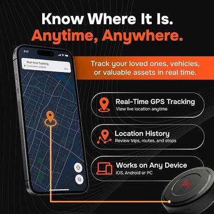 GPS Tracker for Vehicles, No Monthly Fee, No Subscription | Up to 1-Month Battery, Real-Time Location, Speeding Monitoring, Route History, Geofence