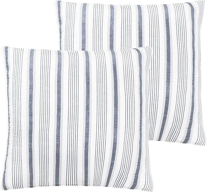 Levtex Home - Camden - Euro Shams (Set of 2) - Quilt Back Stripe - Subtle Famhouse Stripe - Navy and Cream - (26x26in.), No Insert
