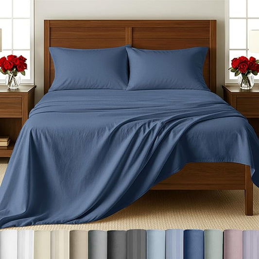 California Design Den - Full Bed Sheets Set, Soft 100% Cotton Sheets Deep Pockets Set, Snug Fit Elastic, 500 Thread Count Sateen, Premium Quality Sheets Set for Home (Navy Blue)