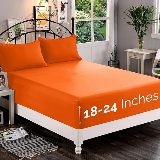 Elegant Comfort 1500 Premium Quality Fitted Sheet Ultra Soft 18-24 Inch Extra Deep Pocket - Single Fitted Sheet for High Mattress - Wrinkle Free with Smart Storage Pockets, California King, Orange