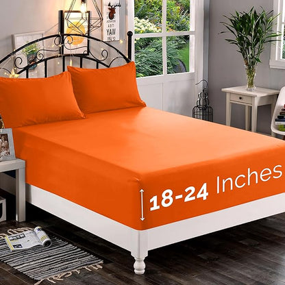 Elegant Comfort 1500 Premium Quality Fitted Sheet Ultra Soft 18-24 Inch Extra Deep Pocket - Single Fitted Sheet for High Mattress - Wrinkle Free with Smart Storage Pockets, Queen, Orange