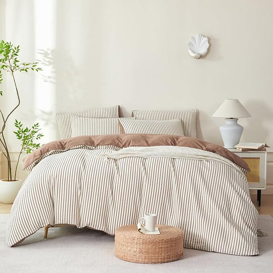 Comforter Set Queen Size Striped Soft Luxury Washed Microfiber Jacquard 3 Pieces Bedding, White Dark Brown Vertical Ticking Stripes Comforter with 2 Pillowcases Breathable Durable Comfy