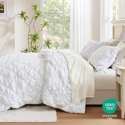 Intelligent Design Twin Comforter Set – White Lily Puffy Floral Shabby Chic Boho Bedding for Girls, Ultra-Soft, Lightweight & All-Season, Twin