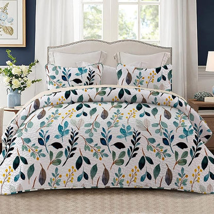 Whale Flotilla Reversible Printed Quilts Queen Size, Extra Soft Boho Floral Leaf Bedspreads for Bed Lightweight Full Queen Quilt Bedding Set Coverlets with 2 Pillow Shams for All Seasons, White Green