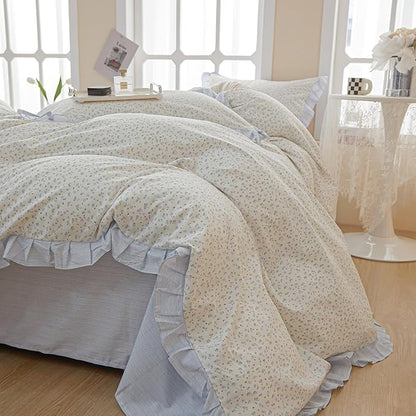 Blue Floral Queen Size Comforter Sets Ruffle Lightweight Bedding Set Boho Fluffy Cute Down Alternative Bedding Comforter Set Cozy Farmhouse Microfiber Blue Striped Comforter with 2 Pillowcases
