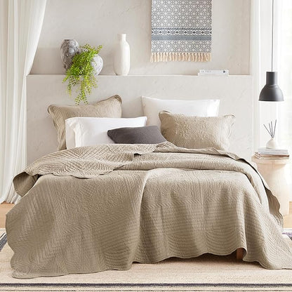 Madison Park Queen Quilt Set Damask Coverlet Set for Queen Size Bed, Cottage Oversized Quilt Set, Scallop Edge, All Season, Pre-washed Cotton-Filled Queen Size Quilt, Tuscany, Full/Queen Khaki 3 Piece