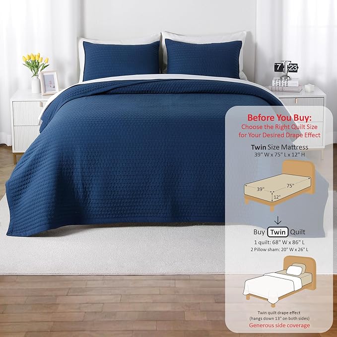 Twin Quilt Set – 68"x86" Soft Washed 3-Layer Lightweight Bedspread with Multi-Lock Quilting, Minimalist Nordic Bedding, All-Season Quilt for Spring, Summer & Fall (1 Quilt + 2 Pillow Shams),Dark Blue