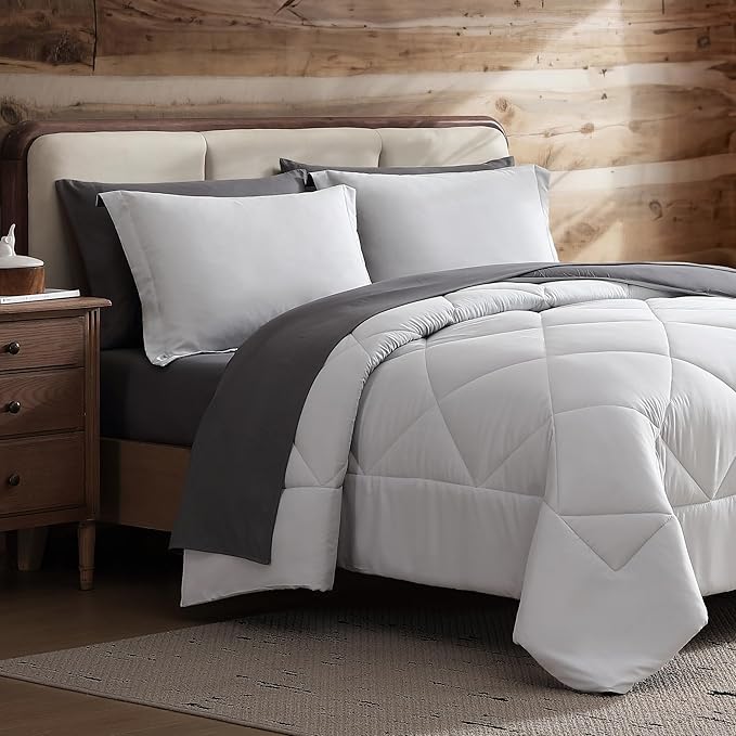 Coleman Twin XL Comforter Set Reversible Bed-in-a-Bag– Double-Sided Color Options, All-Season Comforter + Shams + Sheets – Perfect for Home, Cabin or Camp Use, Silver/Gray