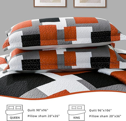 3 Piece Orange Grey Quilt Set King Size Black White Gray Geometric Reversible Bedding Set Microfiber Lightweight Bedspread Coverlet with 2 Shams Modern Bed Covers for All Season, 106''x96''
