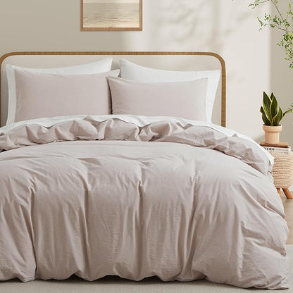 LOVQUE Bedding Duvet Cover Queen Size, 100% Washed Cotton Linen Like Natural Bedding Set with Zipper Closure (No Comforter), 90x90, Light Linen Grey