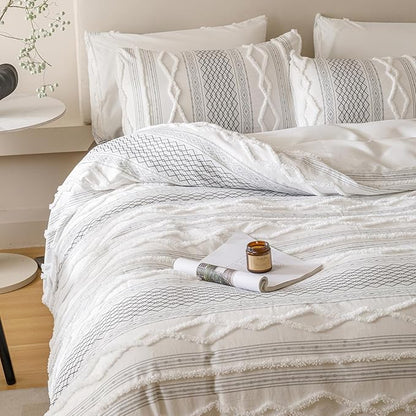 Luxlovery Boho White Comforter Set Twin Teens Kids Farmhouse White Black Jacquard Bedding Set Bohemian Country Blanket Quilts Durable Soft Breathable 3PCS Comforter Set Twin Bed