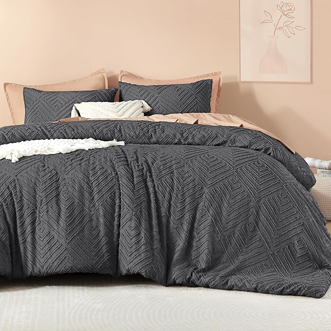 Litanika Dark Grey King Size Comforter Set, 3 Pieces Tufted Boho Farmhouse Bedding Comforter Sets, Lightweight Fluffy Comforter Bed Set for All Season (104x90In Comforter and 2 Pillowcases)