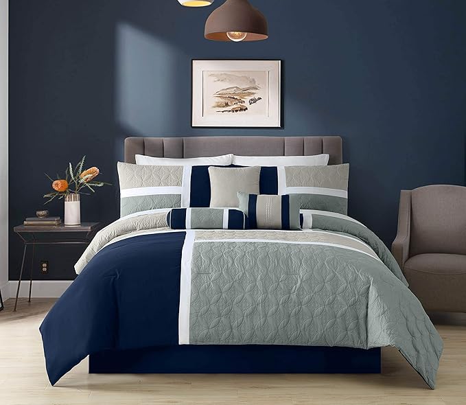 Chezmoi Collection Upland 7-Piece Quilted Patchwork Comforter Set, Navy/Blue/Gray, King