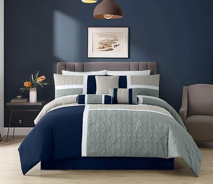 Chezmoi Collection Upland 7-Piece Quilted Patchwork Comforter Set, Navy/Blue/Gray, Full
