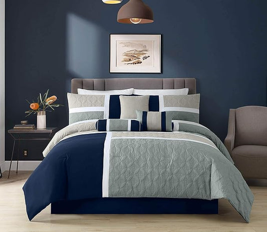 Chezmoi Collection Upland 7-Piece Quilted Patchwork Comforter Set, Navy/Blue/Gray, Full