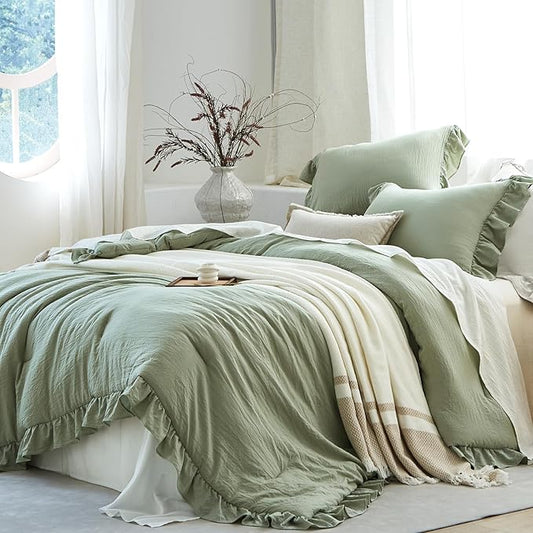 Sage Green Ruffle Comforter Set Twin, Pre-Washed Shabby Chic Bedding Set, Lightweight Cottagecore Soft Romantic Cozy 1 Comforter & 1 Sham, All-Season