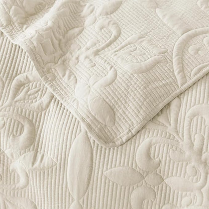 Ivory Damask Quilt Queen Size Bedding Sets with 2 Pillow Shams, Cream Boho Bedspread Lightweight Soft Farmhouse Vintage Bohemian Coverlet Retro Jacquard Pattern Bed Cover for All Season, 3 Pieces