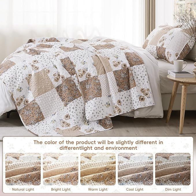 VIVILINEN Full Queen Size Brown Floral Plaid Patchwork Quilt Set Reversible Quilted Bedspread Coverlet Set 3-Piece Comforter Bedding Set Bed Cover with 2 Pillow Shams