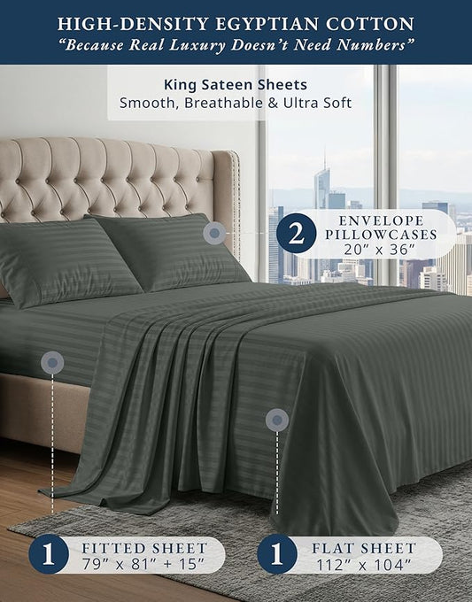 LANE LINEN 100% Egyptian Cotton King Sheets Set, Soft & Comfy Sateen Weave Mercerized Cotton Sheets King, Fully Elasticized Reinforced French Seam Fitted King Bed Sheets Damask Stripe – Dark Grey