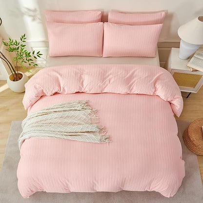 Pink Comforter Set Queen Size Soft Luxury Washed Microfiber Jacquard 3 Pieces Bedding Set, Pink Jade Vertical Ticking Stripes Comforter with 2 Pillowcases Breathable Durable Comfy