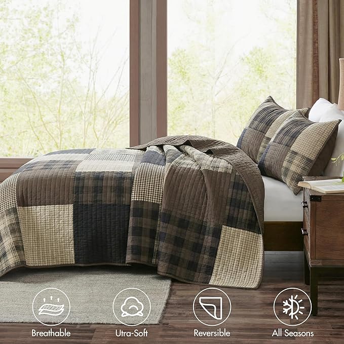 Woolrich Reversible Cotton Quilt Set - Cottage Styling Reversed to Solid Color, All Season Patchwork Lightweight Coverlet, Matching Shams, Winter Hills, Oversized Twin/Twin XL, Tan 2 Piece