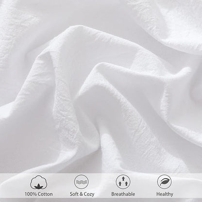 MooMee Fitted Bottom Sheet Only 100% Washed Cotton Linen Like Textured Breathable Durable Soft Comfy Deep Pocket Fits Mattress up to 17" (Bright White, Twin)
