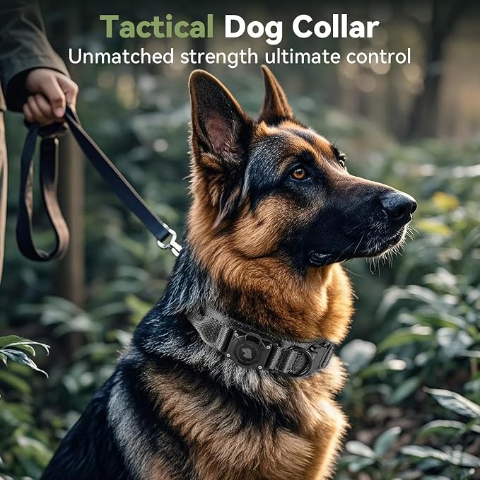 2026 Upgrade Waterproof Tactical AirTag Dog Collar, Built in AirTag Holder | Comfortable Control Handle, Quick Release Metal Buckle, Durable 1000D Nylon, For Medium to Large Dogs, Black, L