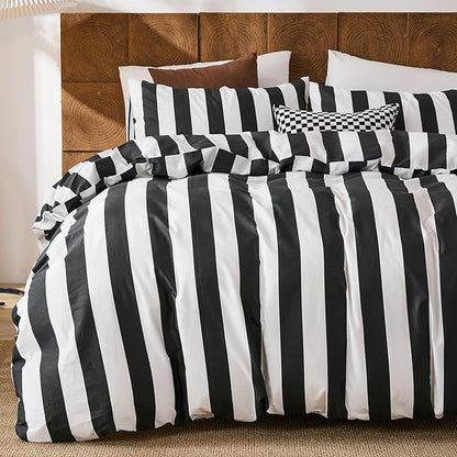 Merryword Black and White Striped Duvet Cover Set King Size - 100% Cotton Duvet Cover Set with Zipper Closure & 8 Corner Ties, 3-Piece Luxury Linen Like Bedding Set for All Seasons