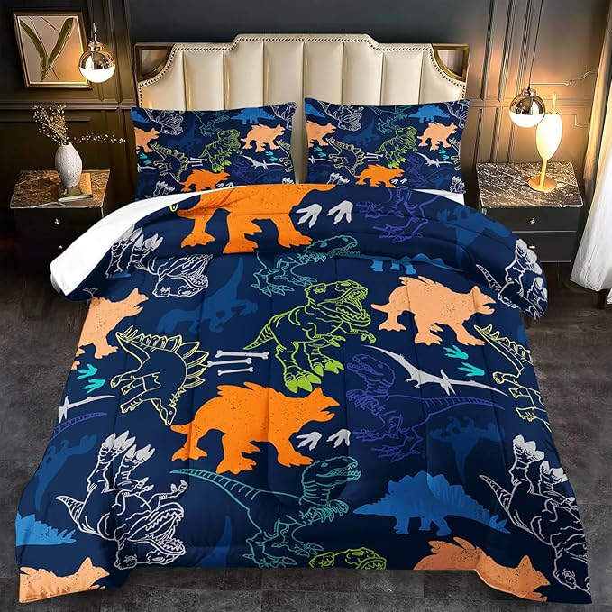 Blue Dinosaur Comforter Set King Boys,Cute Dinosaur Bedding Set King for Kids,Kawaii Dragon Comforter Blue Bedroom Decor,Cute Animal Bedding Kawaii Animal Quilt Boys
