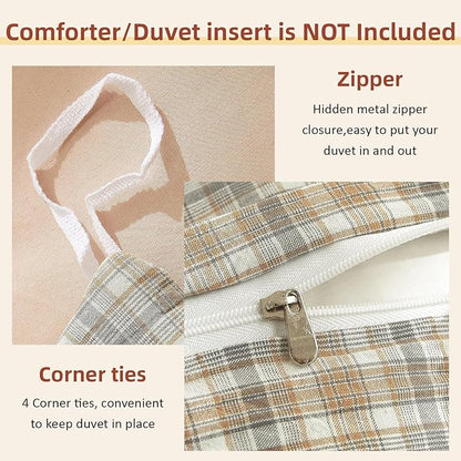 EAVD Khaki Brown Grid Plaid Gingham Duvet Cover King Soft 100% Washed Cotton Like Linen Feel Soft 3-Piece Tan Grid Checkered Pattern Bedding Set Farmhouse Vintage Plaid Duvet Cover with Zipper Closure