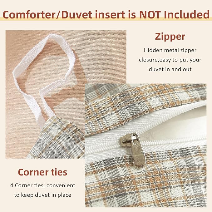 EAVD Retro Tan Gingham Duvet Cover Queen Khaki Brown Grid Plaid Bedding Set Soft 100% Washed Cotton Like Linen Feel Soft 3-Piece Brown Vintage Checkered Plaid Duvet Cover with Zipper Closure