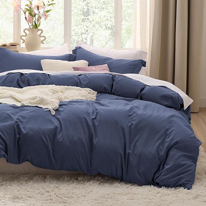 Bedsure Navy Blue Duvet Cover Full Size - 3 Pieces Prewashed Soft Cotton-Like Polyester Bedding Set, Includes 1 Duvet Cover 80x90 Inches with Zipper Closure & 2 Pillow Shams, Comforter Not Included