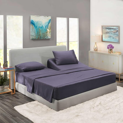 Clara Clark Flex Top King Sheets - Hotel Luxury 6 Piece Bed Sheets for Top Split King Bed - Soft Bedding Sheets & Pillowcases, Head Split King Size. Grayish Purple