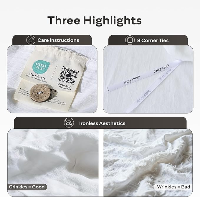 JELLYMONI Washed Cotton Duvet Cover - Off White, Queen Size 90x90 Inches, 3-Piece Bedding Set with Button Closure, Includes 1 Duvet Cover & 2 Pillowcases (Comforter Not Included)