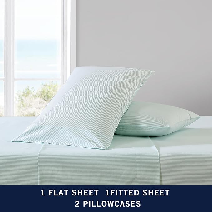 Nautica - Twin Size Sheet Set, Crisp & Tailored Cooling Sheets with a Smooth Cotton Percale Lightweight Feel - Bed Sheets with Matching Pillowcase & Fitted Sheet (Penny Pinstripe Green)