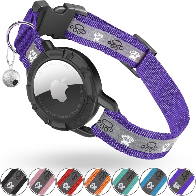 Reflective AirTag Cat Collar, Integrated Cat Collar with Air Tag Holder | Built in AirTag Holder, Adjustable 7-13in for Cats, Kittens and Puppies, Safety Elastic Band, Reflective for Night Walking